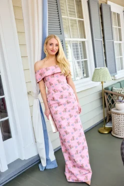 OTM Exclusive: Clover Pink Floral Ikat Off-The-Shoulder Collar Column Gown With Back Slit