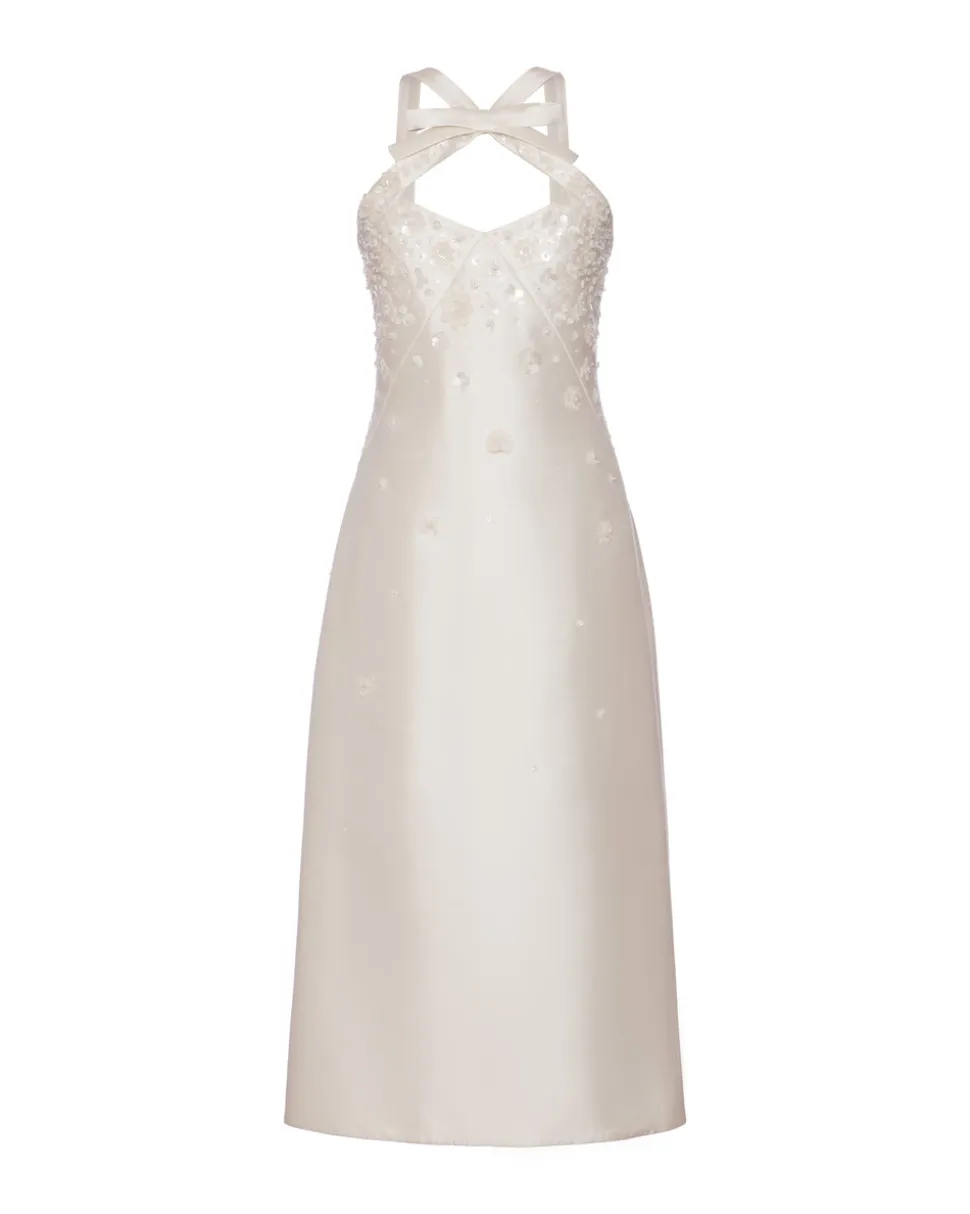 OTM Exclusive: Delphine Dress in Ivory Silk Wool with Ivory Meadow Embellishment