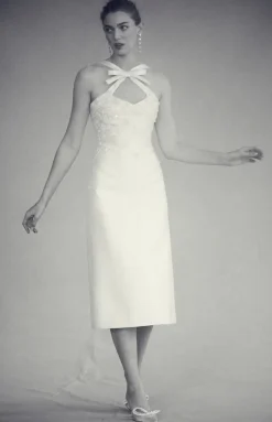 OTM Exclusive: Delphine Dress in Ivory Silk Wool with Ivory Meadow Embellishment
