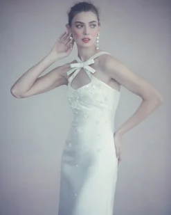 OTM Exclusive: Delphine Dress in Ivory Silk Wool with Ivory Meadow Embellishment