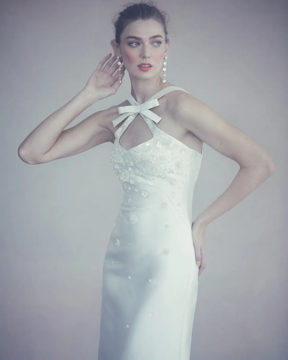 OTM Exclusive: Delphine Dress in Ivory Silk Wool with Ivory Meadow Embellishment