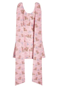 OTM Exclusive: Gita Pink Floral Ikat Scoop Neck Mini Dress With Shoulder Trains