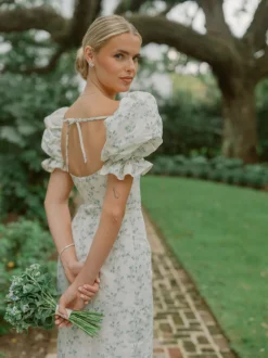 OTM Exclusive: Isidore Blue Bow Floral Ikat Puff Sleeve Column Gown