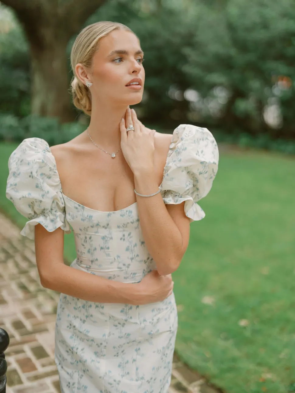OTM Exclusive: Isidore Blue Bow Floral Ikat Puff Sleeve Column Gown