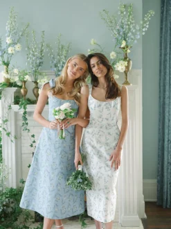OTM Exclusive: Serafina Blue Floral Ikat Corset A-Line Midi Dress With Tie Straps