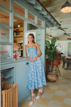 OTM Exclusive: Skinny-Strap Poof Dress in Blue Multi Floral