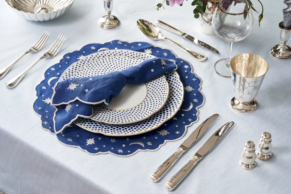 OTM Exclusive: The Astral Linen Napkin in Midnight Blue and Silver Embroidery