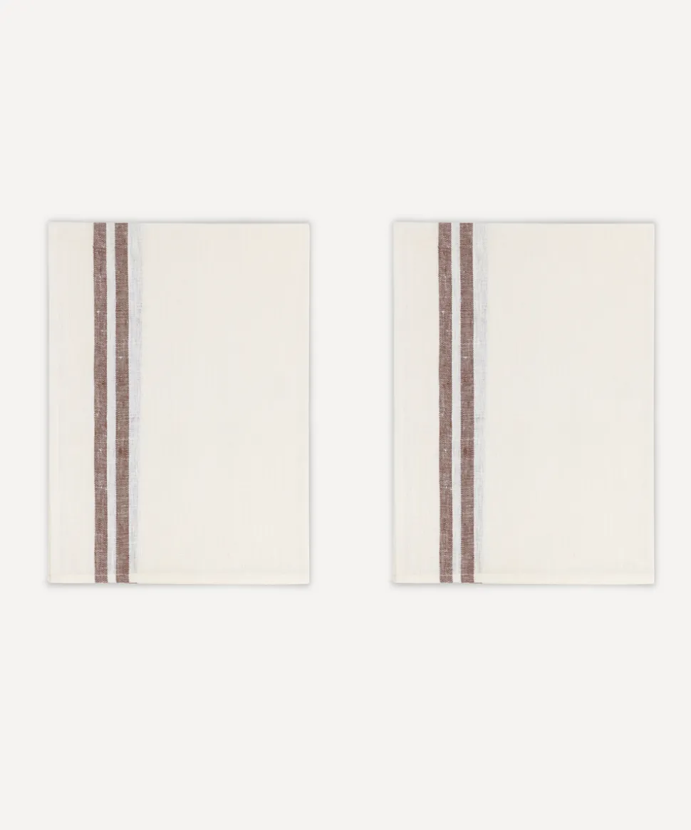 Pair of Striped Linen Tea Towels in Chocolate, Set of 2