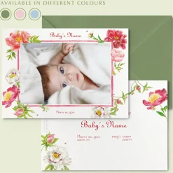 Peonies Birth Announcement with Photo, Set of 50