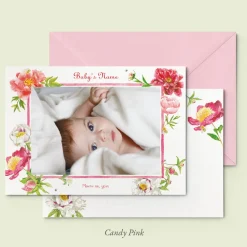Peonies Birth Announcement with Photo, Set of 50