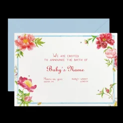 Peonies Birth Announcement without Photo, Set of 50