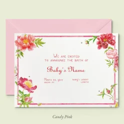 Peonies Birth Announcement without Photo, Set of 50