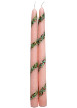 Pink Garland and Berry Hand-Painted Taper Candles, Set of Two