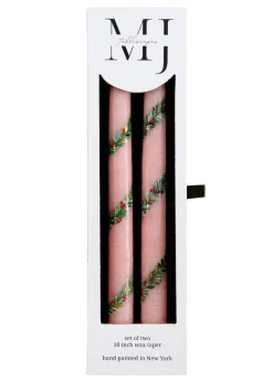 Pink Garland and Berry Hand-Painted Taper Candles, Set of Two