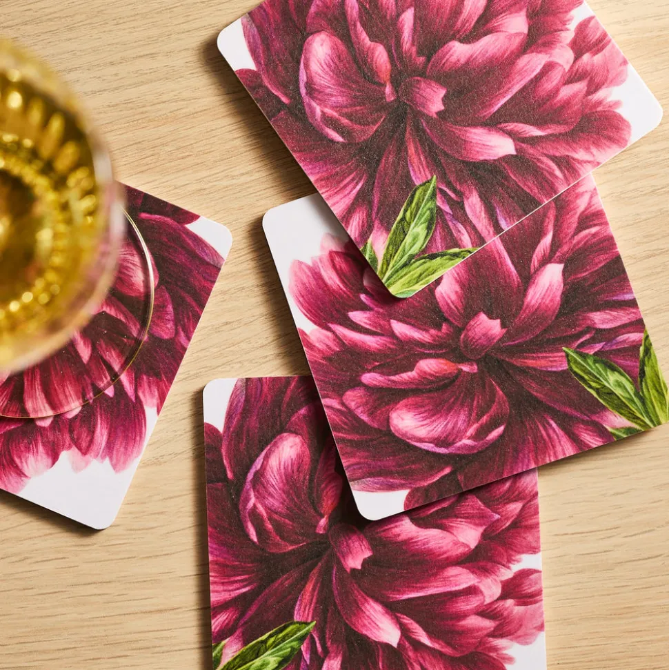 Pink Peony Birchwood Coasters, Set of 4