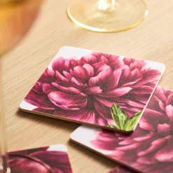 Pink Peony Birchwood Coasters, Set of 4