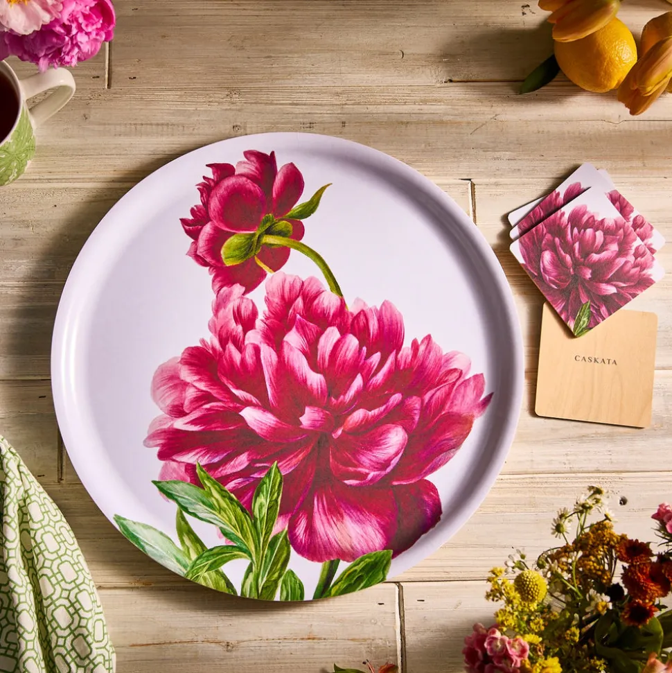 Pink Peony Birchwood Coasters, Set of 4