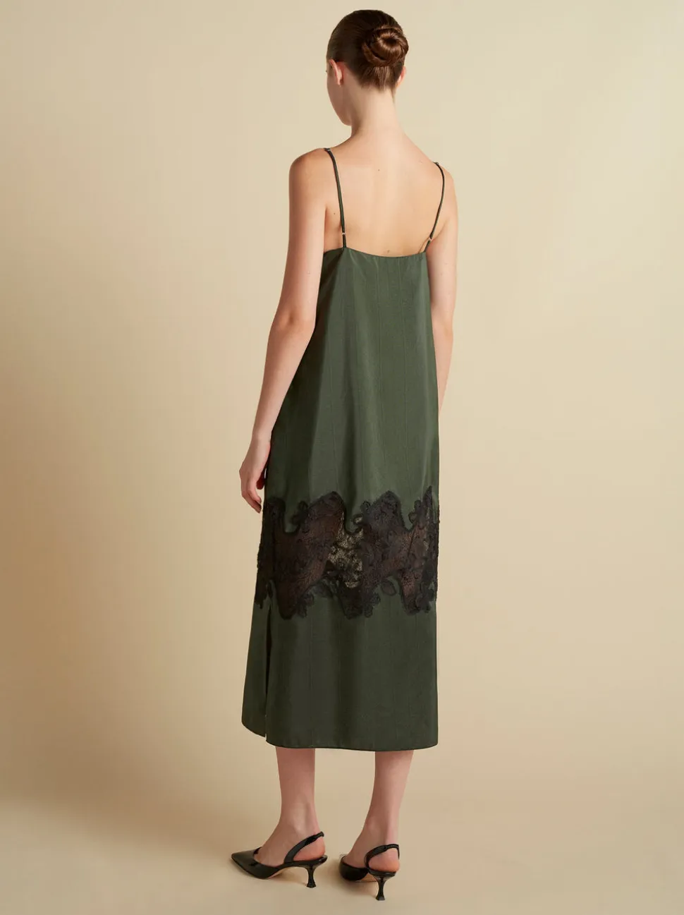 Pinstripe Slipdress with Lace Inlay in Pine