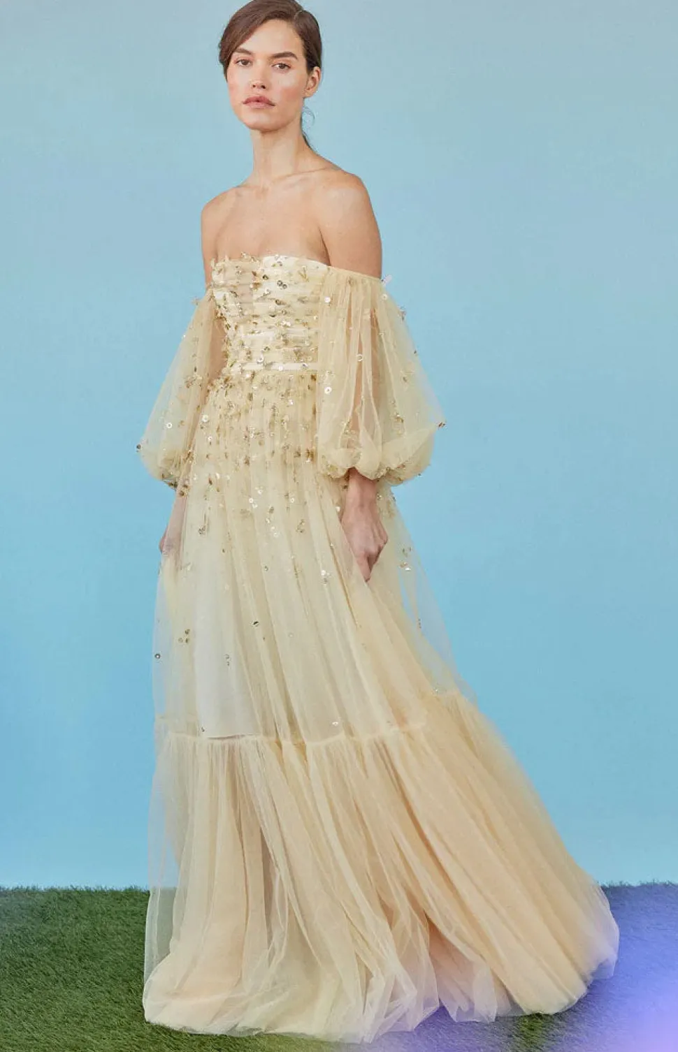 Priyanka Gown in Gold Tulle with Sporadic Sequins