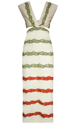 Quinto Sol Cotton Midi Dress in Ivory Striped Helechos