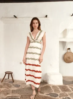 Quinto Sol Cotton Midi Dress in Ivory Striped Helechos