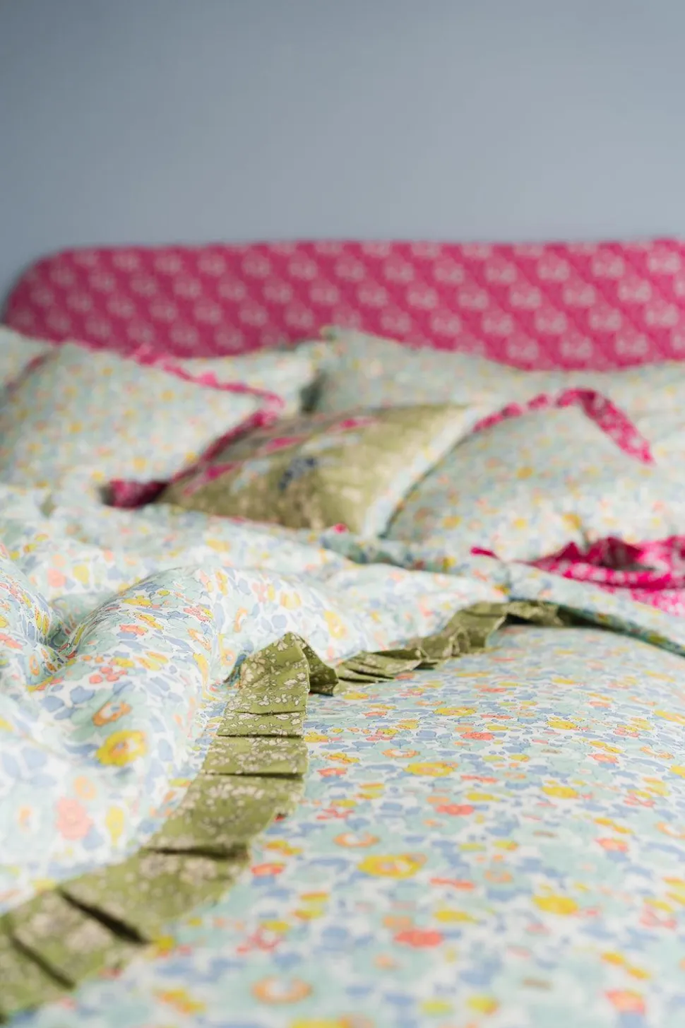Reversible Ruffle Edge Heirloom Quilt Made With Liberty Fabric in Betsy Sage & Capel Pistachio