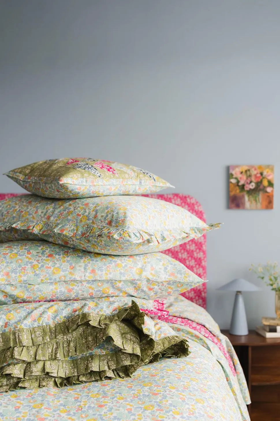 Reversible Ruffle Edge Heirloom Quilt Made With Liberty Fabric in Betsy Sage & Capel Pistachio