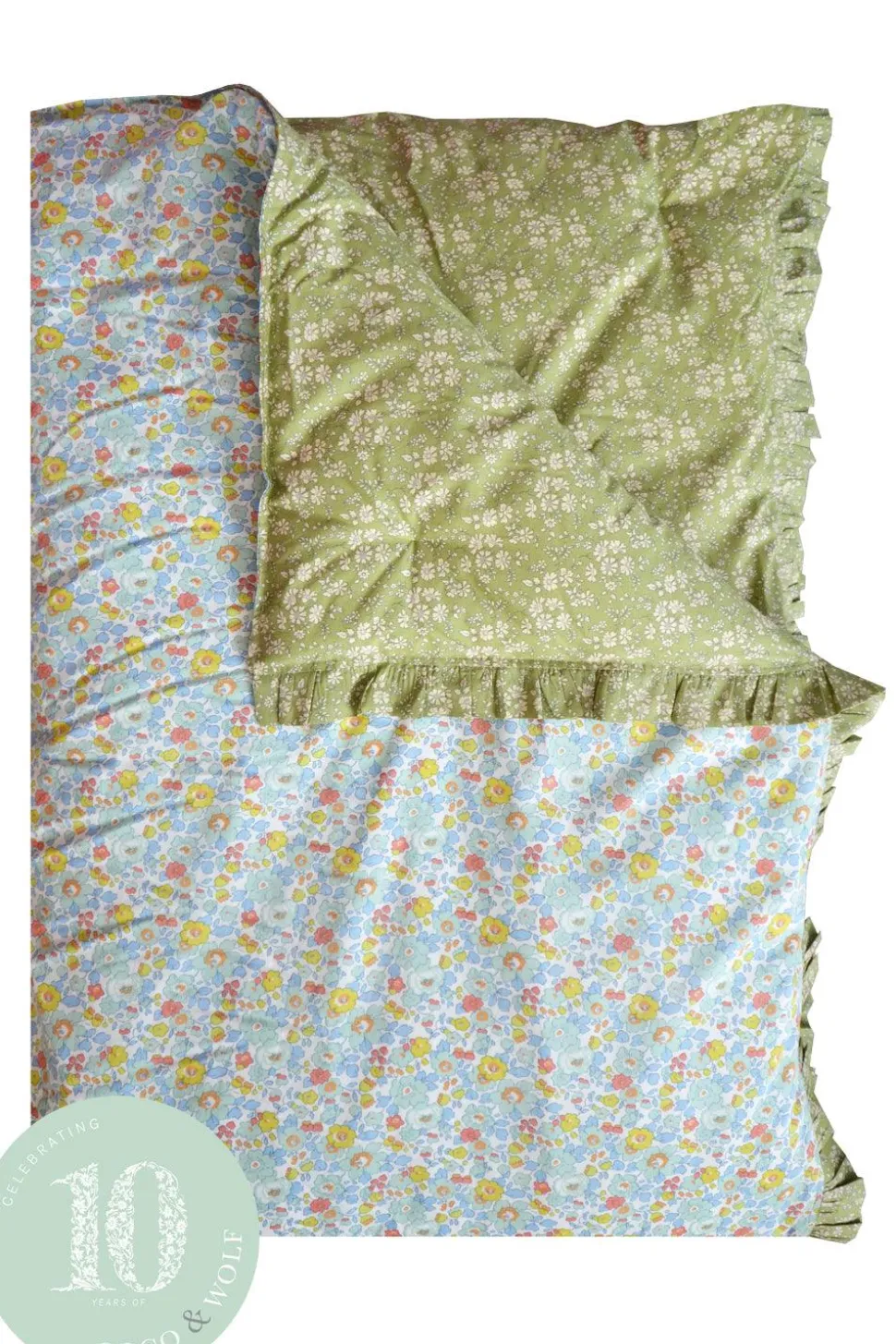 Reversible Ruffle Edge Heirloom Quilt Made With Liberty Fabric in Betsy Sage & Capel Pistachio
