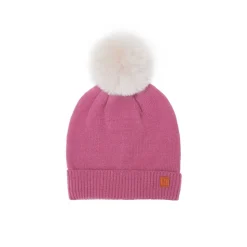 Rose Pink Knit Winter Hat with Faux Fur Pom
