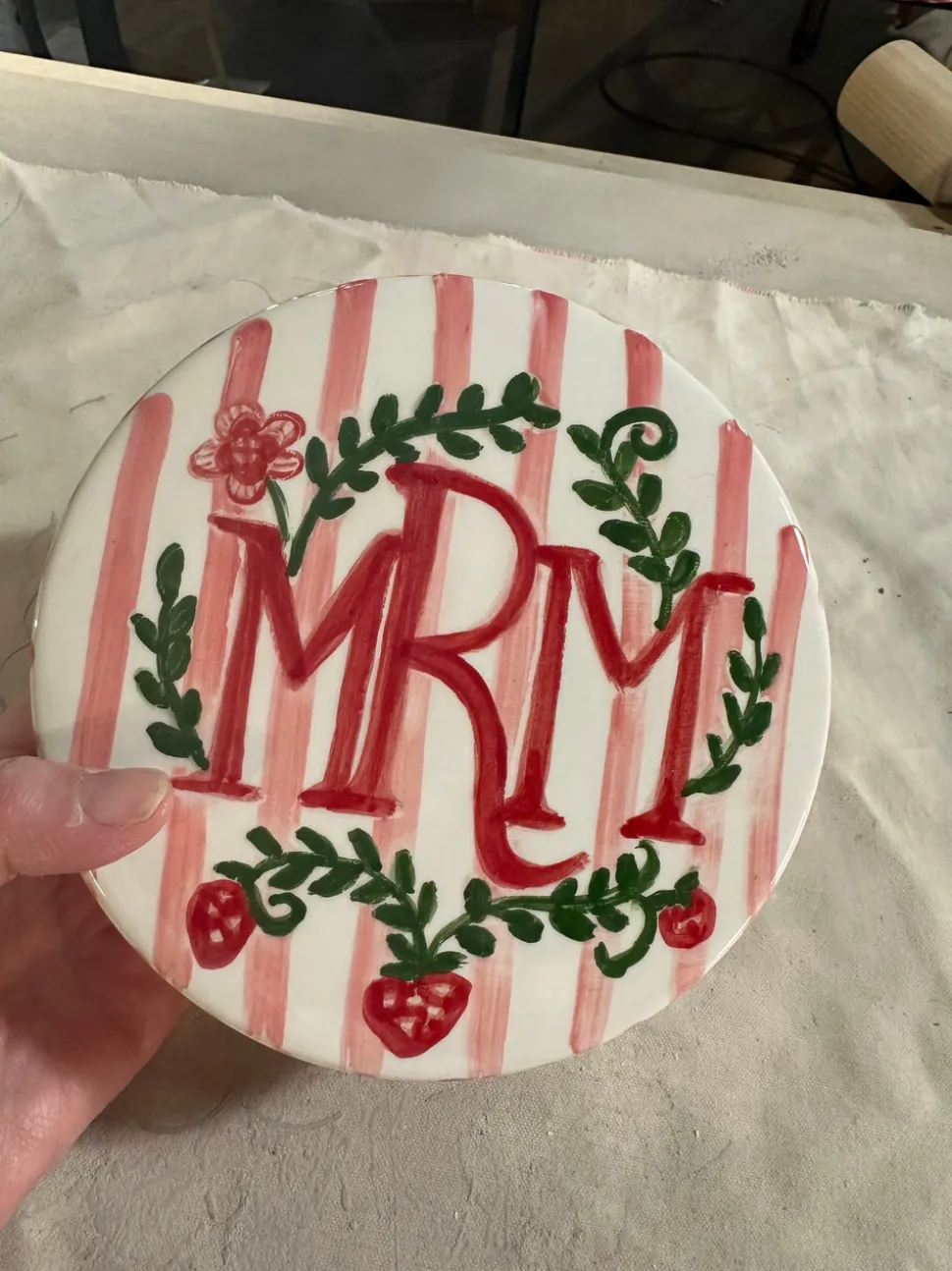 Round Keepsake Box in Stripes & Strawberries