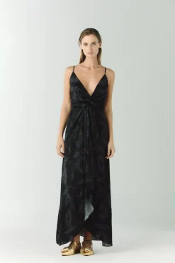 Sabina Silk Jacquard Midi Dress in Black