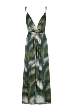 Sabina Silk Jacquard Midi Dress in Green Brushed