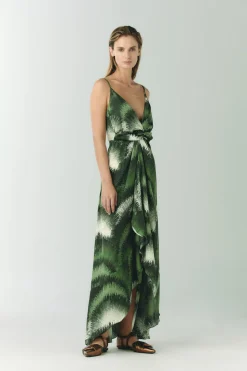 Sabina Silk Jacquard Midi Dress in Green Brushed