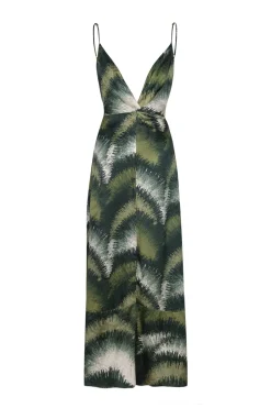 Sabina Silk Jacquard Midi Dress in Green Brushed