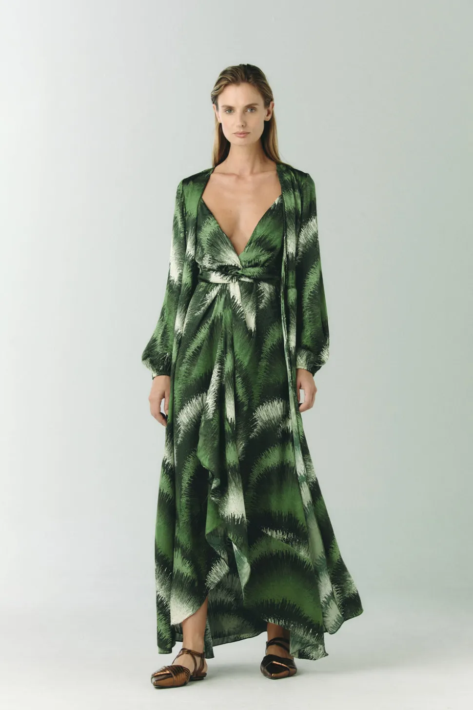 Sabina Silk Jacquard Midi Dress in Green Brushed