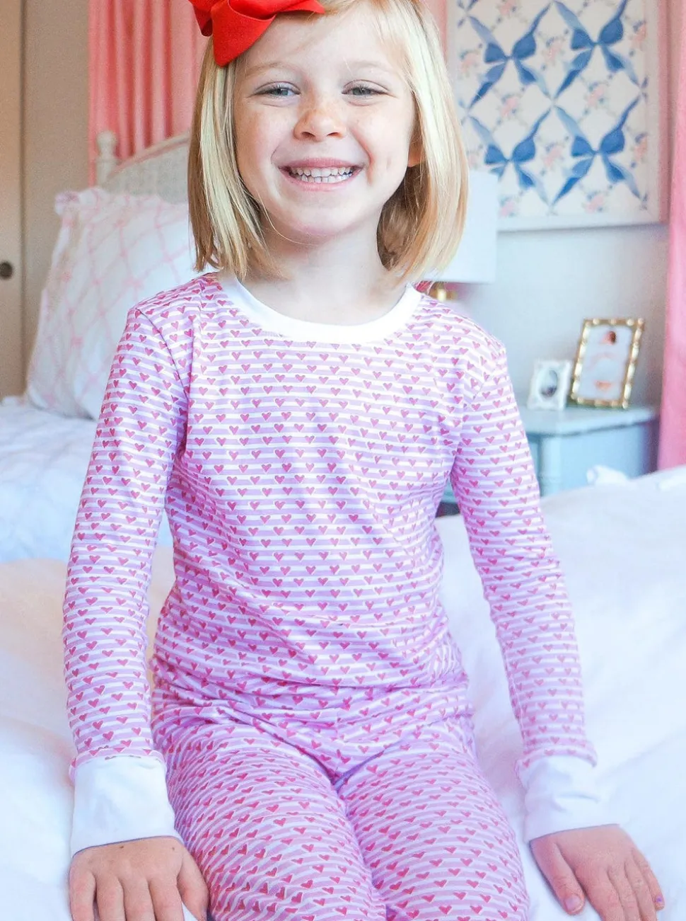 Sailor Hearts Two Piece Kids Pajamas in Posie Pink