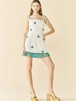 Sarah Bird Mini Dress in White with Painted Beads