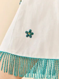 Sarah Bird Mini Dress in White with Painted Beads