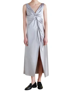 Satin V-Neck Twist Dress in Pale Grey