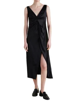 Satin V-Neck Twist Dress in Black