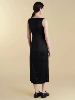 Satin V-Neck Twist Dress in Black