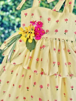Scallop Peplum Petal Dress in Yellow & Pink Daisies