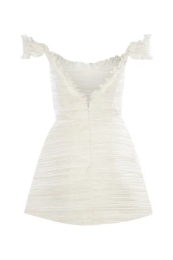 Scarlett Pleated Off-The-Shoulder Mini Dress in Duchess Satin