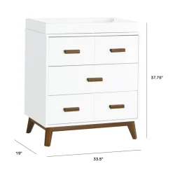 Scoot 3-Drawer Changer Dresser with Removable Changing Tray in White & Natural Walnut