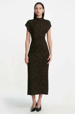 Sequin Knit Mock Neck Dress in Chocolate