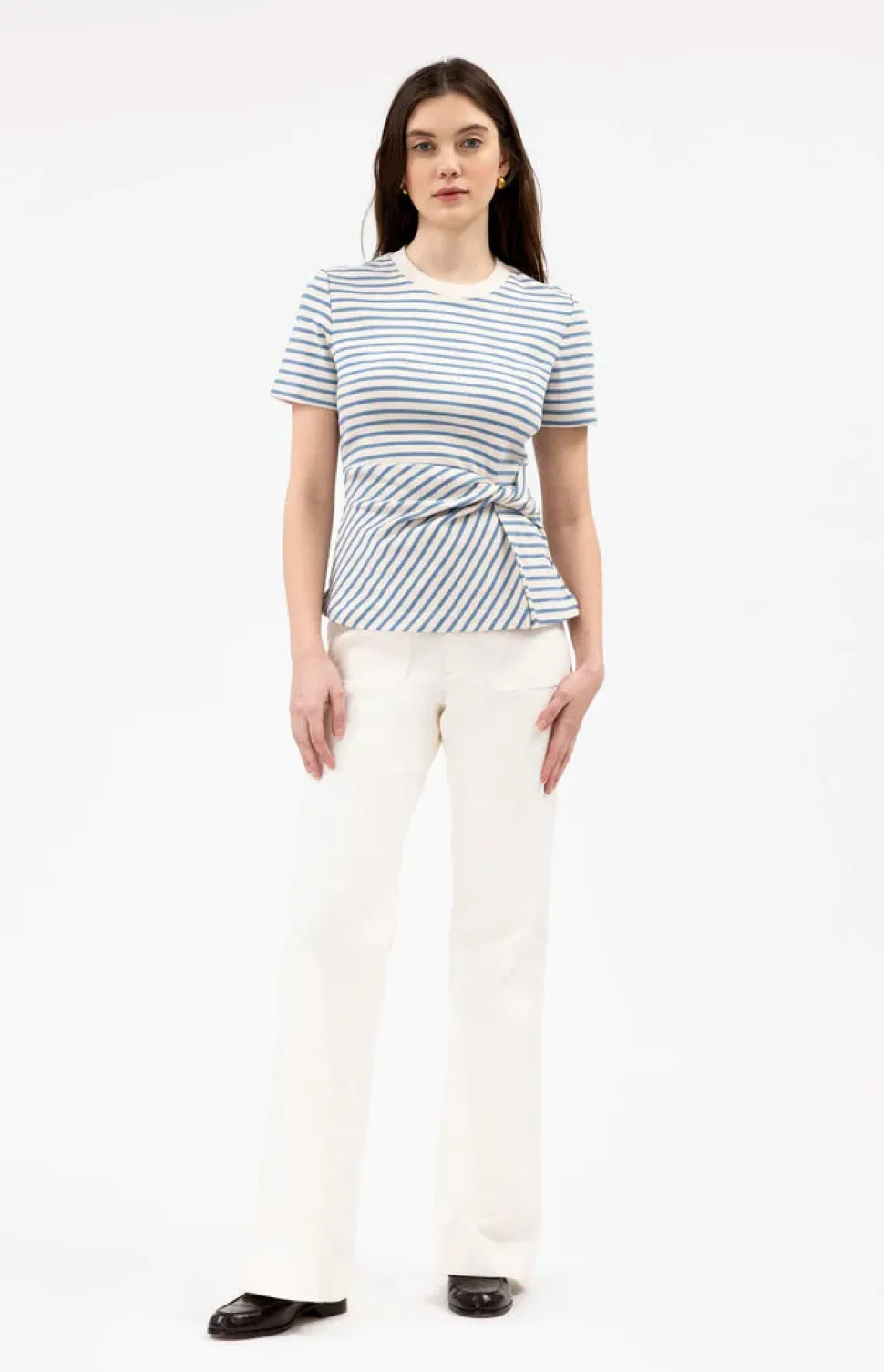 Short Sleeve Carlita Top in Cream & Blue Bird Thin Stripe