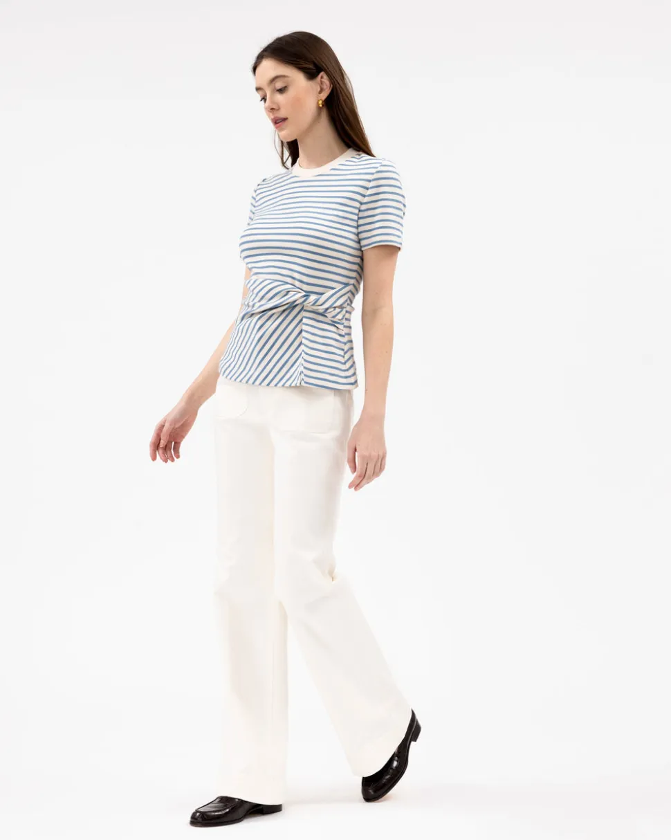 Short Sleeve Carlita Top in Cream & Blue Bird Thin Stripe