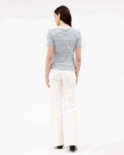 Short Sleeve Carlita Top in Cream & Blue Bird Thin Stripe