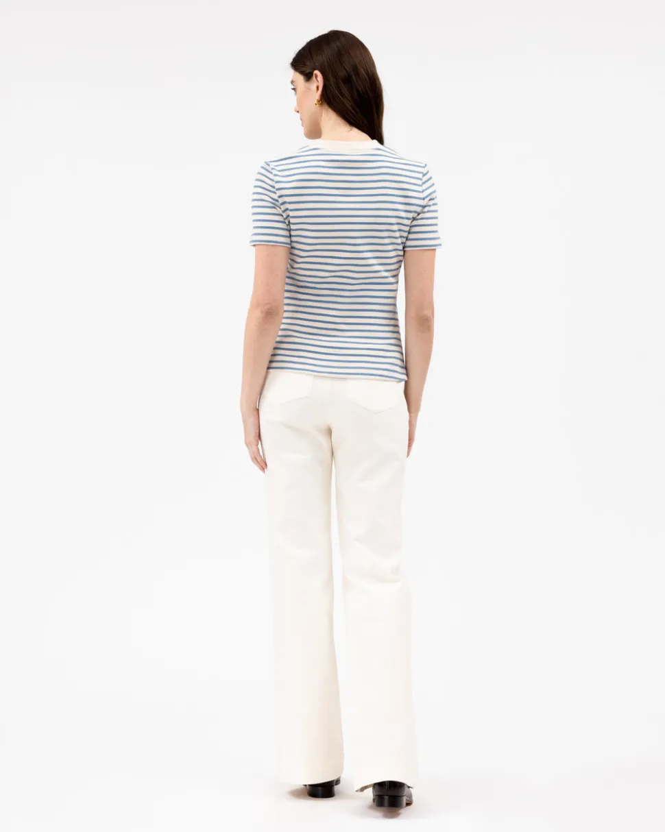 Short Sleeve Carlita Top in Cream & Blue Bird Thin Stripe