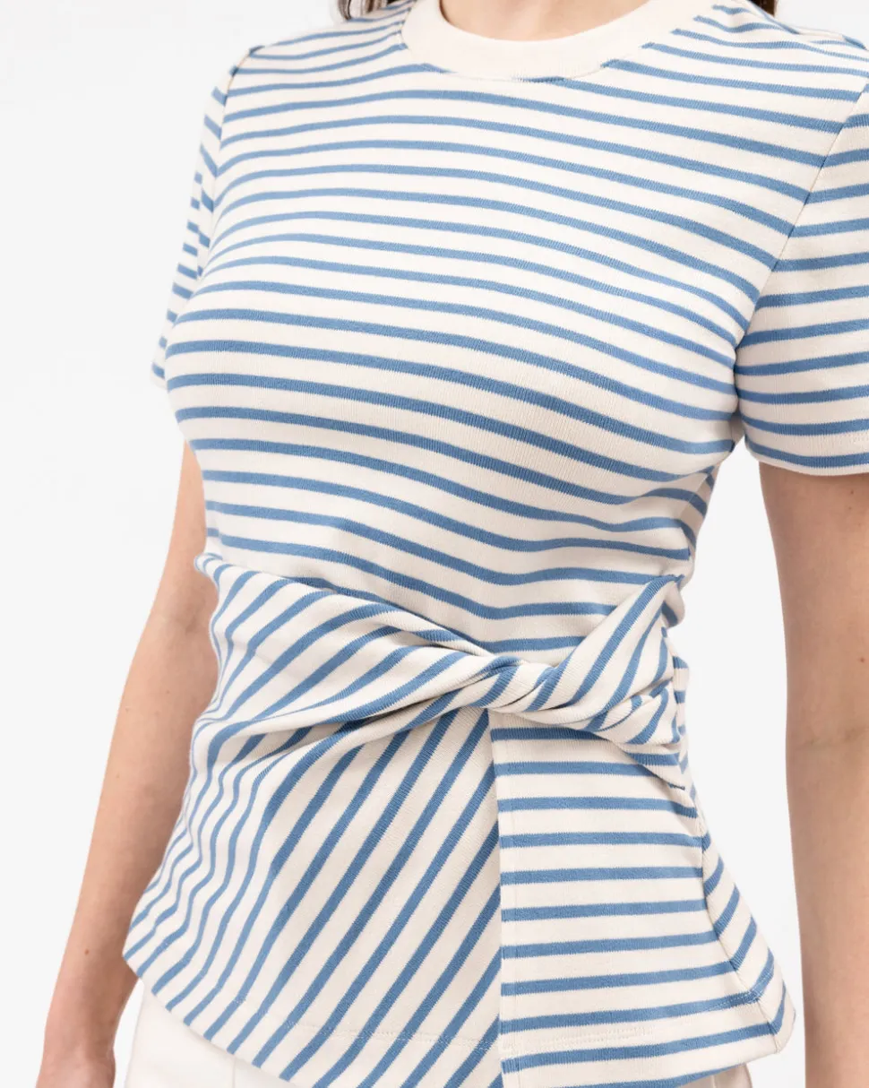 Short Sleeve Carlita Top in Cream & Blue Bird Thin Stripe